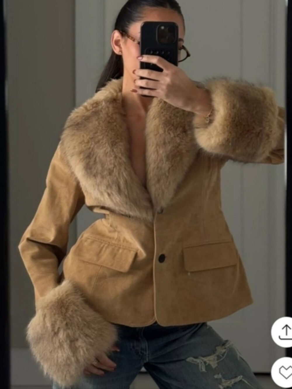 Zara 100% Suede Leather Coat Blazer With Faux Fur NWT Size M